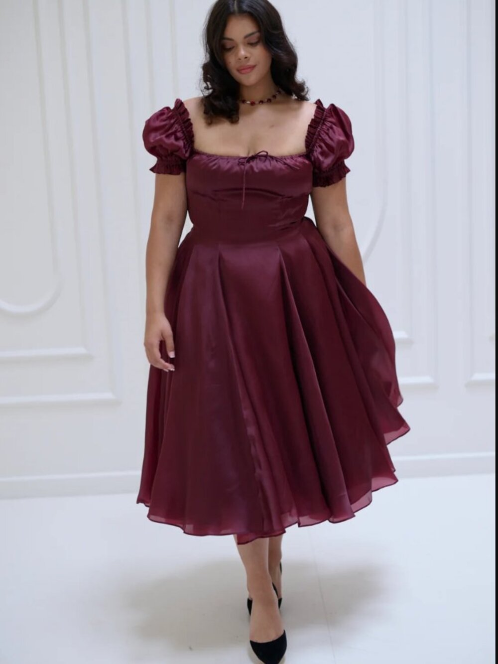 Selkie The Silk Satin Bordeaux Garden Party Dress Wine Flounce Puff